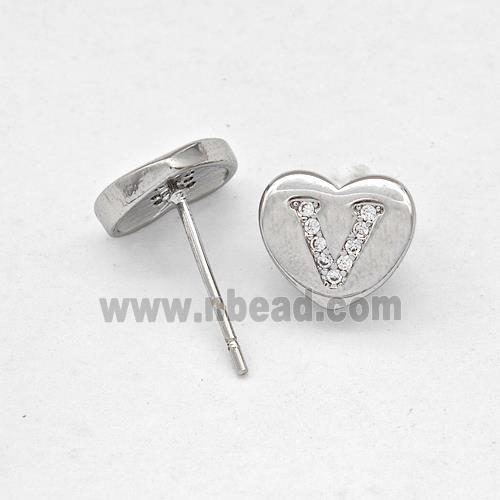 Copper Heart Stud Earring Pave Zirconia Letter-V Platinum Plated