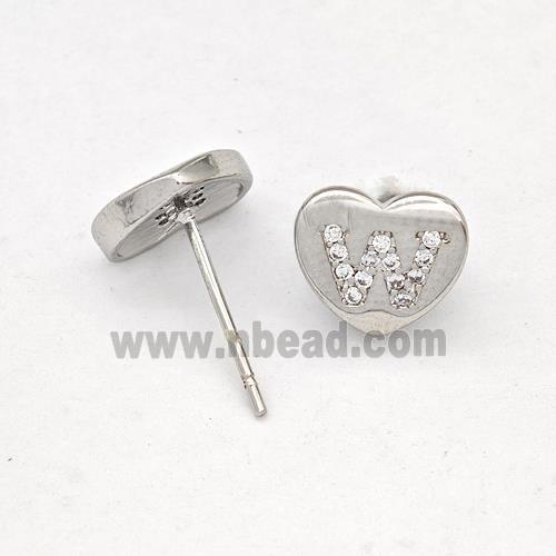 Copper Heart Stud Earring Pave Zirconia Letter-W Platinum Plated