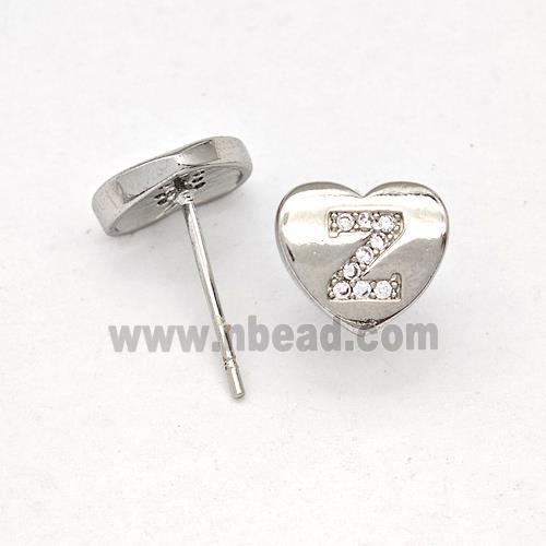 Copper Heart Stud Earring Pave Zirconia Letter-Z Platinum Plated