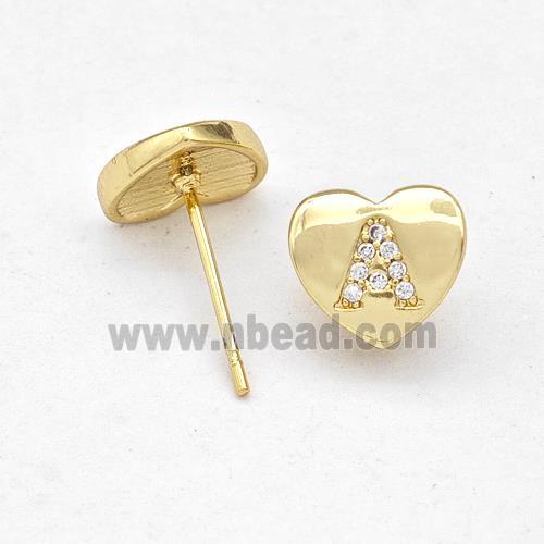 Copper Heart Stud Earring Pave Zirconia Letter-A Gold Plated