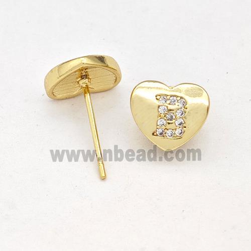 Copper Heart Stud Earring Pave Zirconia Letter-B Gold Plated