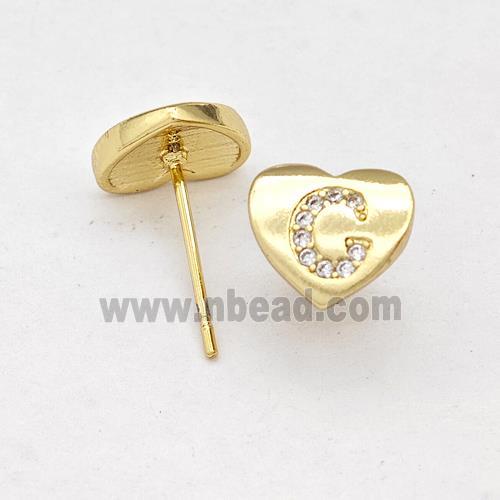 Copper Heart Stud Earring Pave Zirconia Letter-C Gold Plated