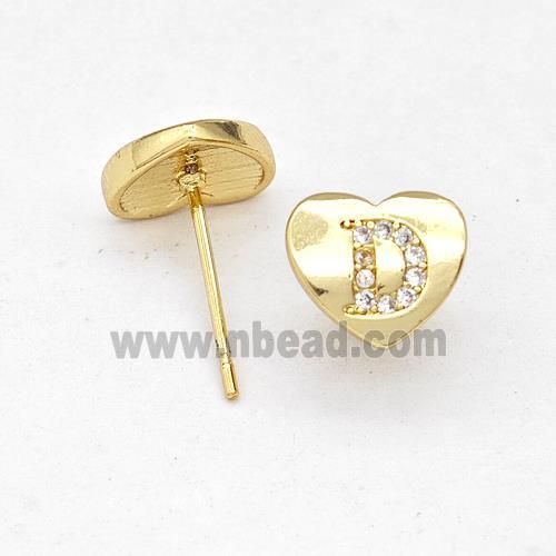 Copper Heart Stud Earring Pave Zirconia Letter-D Gold Plated