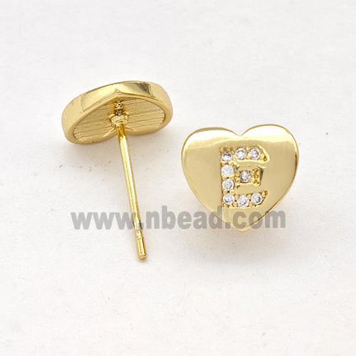 Copper Heart Stud Earring Pave Zirconia Letter-E Gold Plated