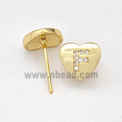 Copper Heart Stud Earring Pave Zirconia Letter-F Gold Plated