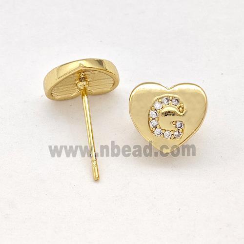 Copper Heart Stud Earring Pave Zirconia Letter-G Gold Plated