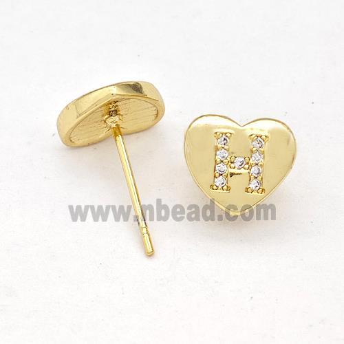 Copper Heart Stud Earring Pave Zirconia Letter-H Gold Plated