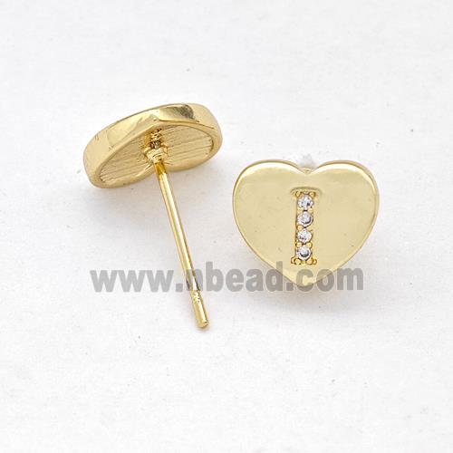 Copper Heart Stud Earring Pave Zirconia Letter-I Gold Plated