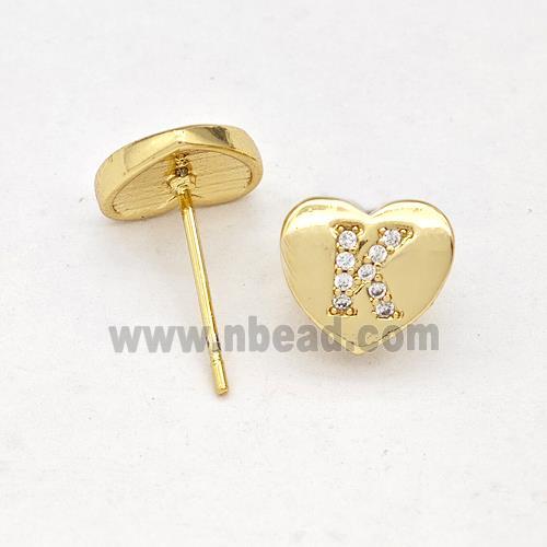 Copper Heart Stud Earring Pave Zirconia Letter-K Gold Plated