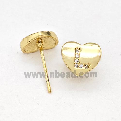 Copper Heart Stud Earring Pave Zirconia Letter-L Gold Plated