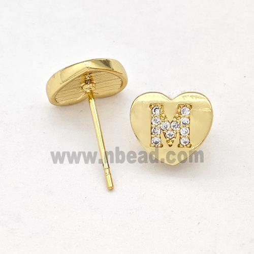 Copper Heart Stud Earring Pave Zirconia Letter-M Gold Plated