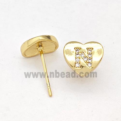 Copper Heart Stud Earring Pave Zirconia Letter-N Gold Plated