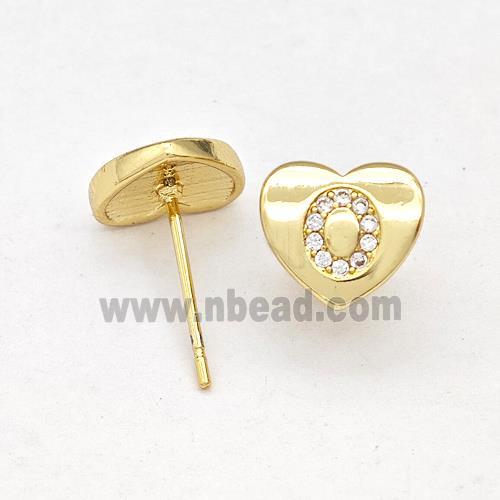 Copper Heart Stud Earring Pave Zirconia Letter-O Gold Plated