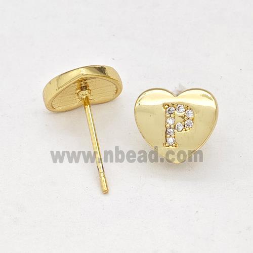 Copper Heart Stud Earring Pave Zirconia Letter-P Gold Plated