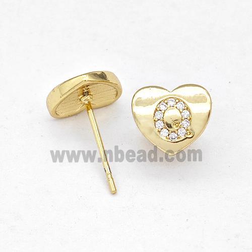 Copper Heart Stud Earring Pave Zirconia Letter-Q Gold Plated