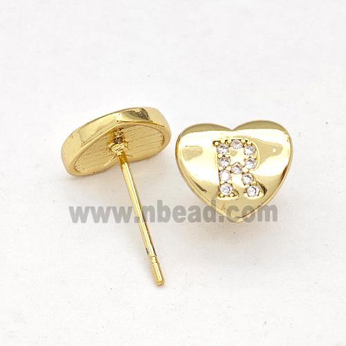 Copper Heart Stud Earring Pave Zirconia Letter-R Gold Plated