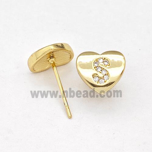 Copper Heart Stud Earring Pave Zirconia Letter-S Gold Plated