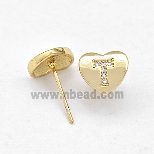 Copper Heart Stud Earring Pave Zirconia Letter-T Gold Plated