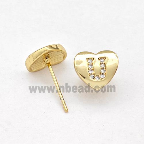 Copper Heart Stud Earring Pave Zirconia Letter-U Gold Plated