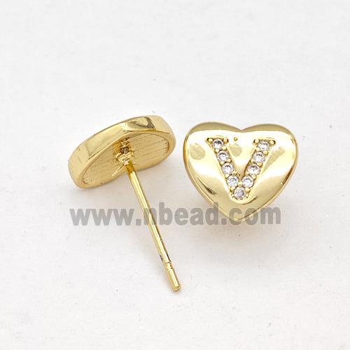 Copper Heart Stud Earring Pave Zirconia Letter-V Gold Plated