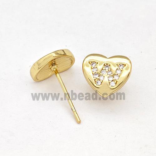 Copper Heart Stud Earring Pave Zirconia Letter-W Gold Plated