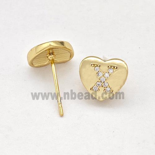 Copper Heart Stud Earring Pave Zirconia Letter-X Gold Plated