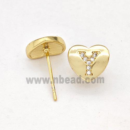 Copper Heart Stud Earring Pave Zirconia Letter-Y Gold Plated