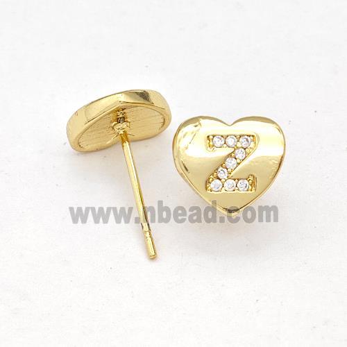 Copper Heart Stud Earring Pave Zirconia Letter-Z Alphabet Gold Plated