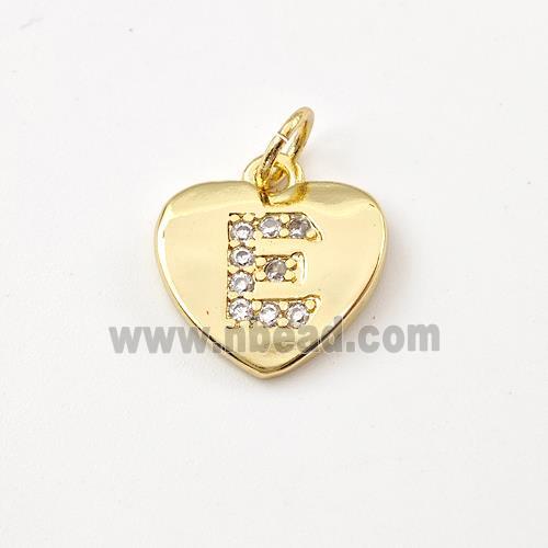 Copper Heart Pendant Pave Zirconia Letter-E Gold Plated