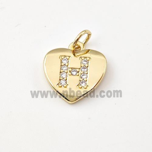 Copper Heart Pendant Pave Zirconia Letter-H Gold Plated