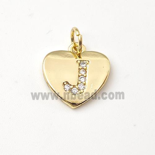 Copper Heart Pendant Pave Zirconia Letter-J Gold Plated