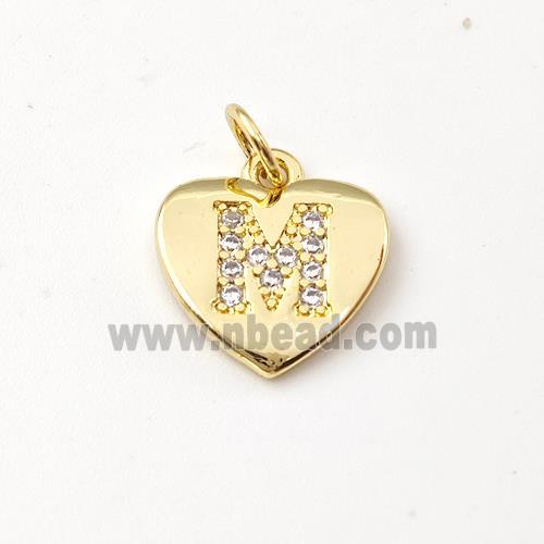 Copper Heart Pendant Pave Zirconia Letter-M Gold Plated