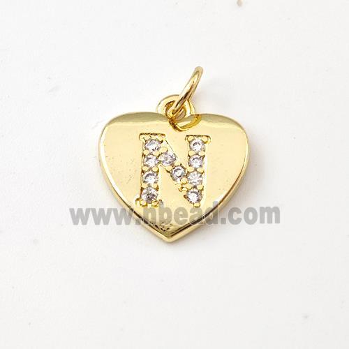 Copper Heart Pendant Pave Zirconia Letter-N Gold Plated