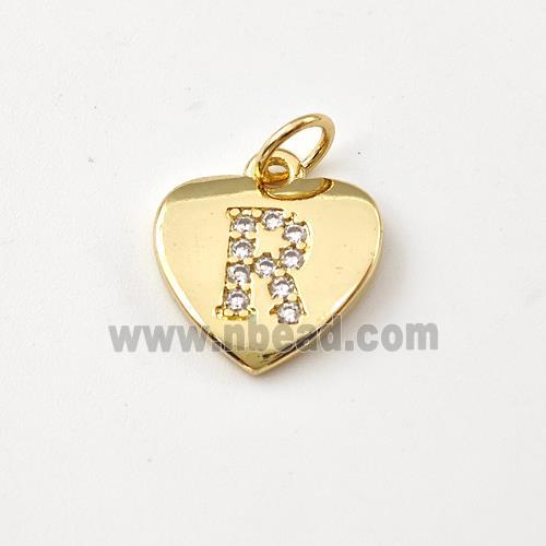 Copper Heart Pendant Pave Zirconia Letter-R Gold Plated