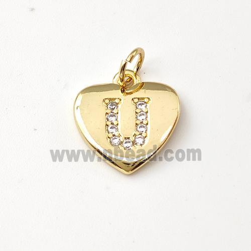 Copper Heart Pendant Pave Zirconia Letter-U Gold Plated