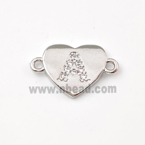 Copper Heart Connector Pave Zirconia Letter-A Platinum Plated