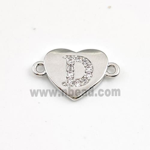 Copper Heart Connector Pave Zirconia Letter-D Platinum Plated