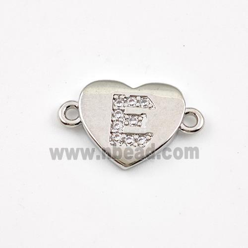 Copper Heart Connector Pave Zirconia Letter-E Platinum Plated