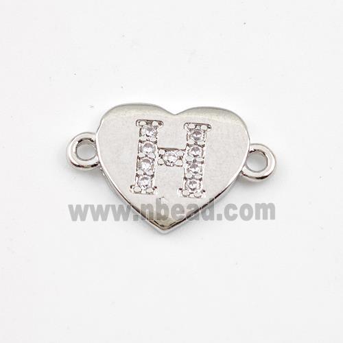 Copper Heart Connector Pave Zirconia Letter-H Platinum Plated