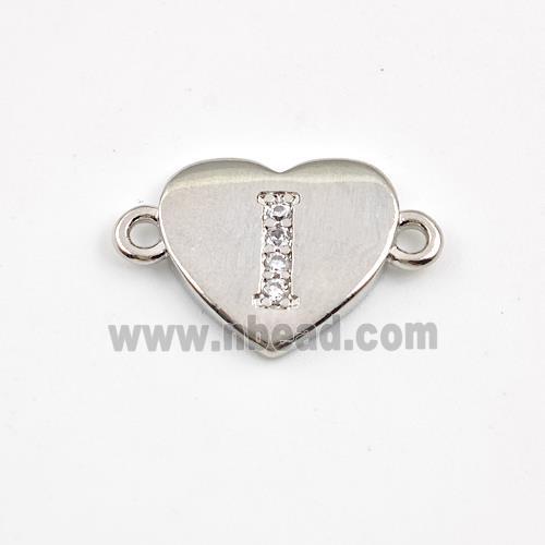 Copper Heart Connector Pave Zirconia Letter-I Platinum Plated