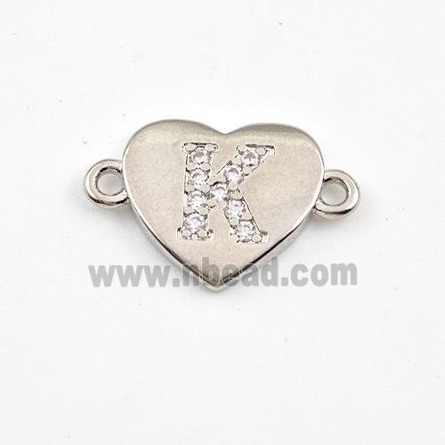 Copper Heart Connector Pave Zirconia Letter-K Platinum Plated