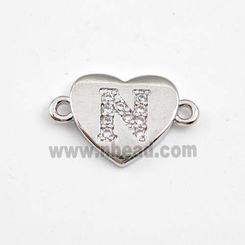 Copper Heart Connector Pave Zirconia Letter-N Platinum Plated