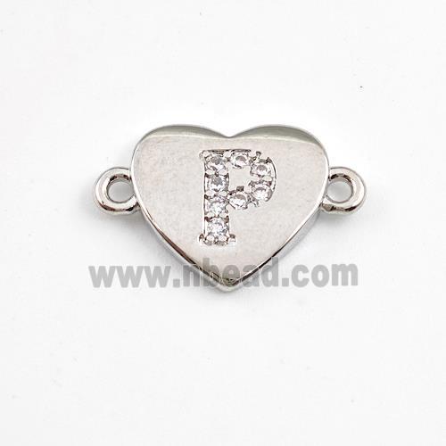 Copper Heart Connector Pave Zirconia Letter-P Platinum Plated