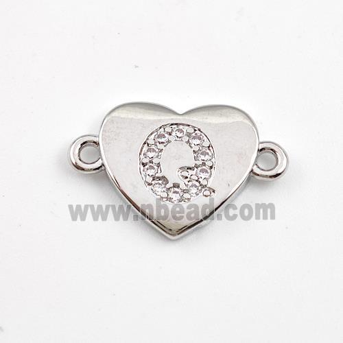 Copper Heart Connector Pave Zirconia Letter-Q Platinum Plated