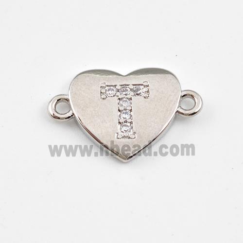 Copper Heart Connector Pave Zirconia Letter-T Platinum Plated