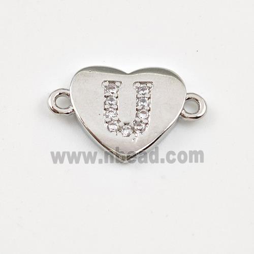 Copper Heart Connector Pave Zirconia Letter-U Platinum Plated