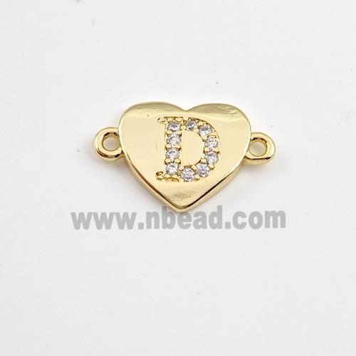 Copper Heart Connector Pave Zirconia Letter-D Gold Plated