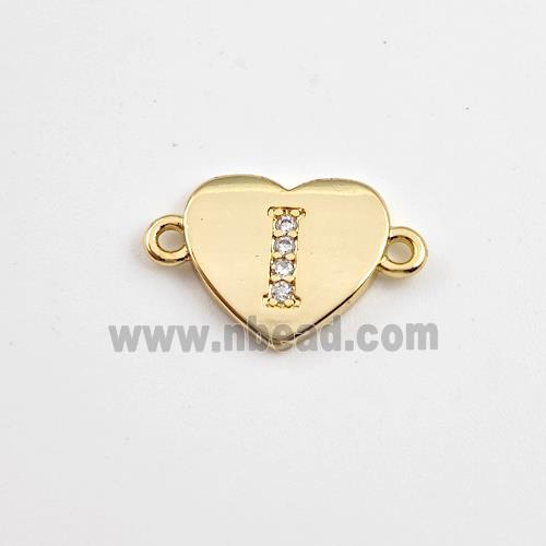 Copper Heart Connector Pave Zirconia Letter-I Gold Plated