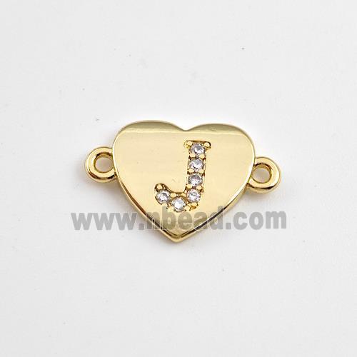 Copper Heart Connector Pave Zirconia Letter-J Gold Plated