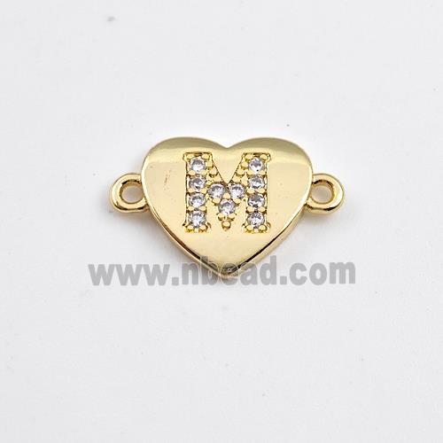 Copper Heart Connector Pave Zirconia Letter-M Gold Plated